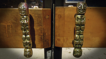 Tiki handles on the Jardin Tiki's exterior doors (originally from the Montreal Kon-Tiki)